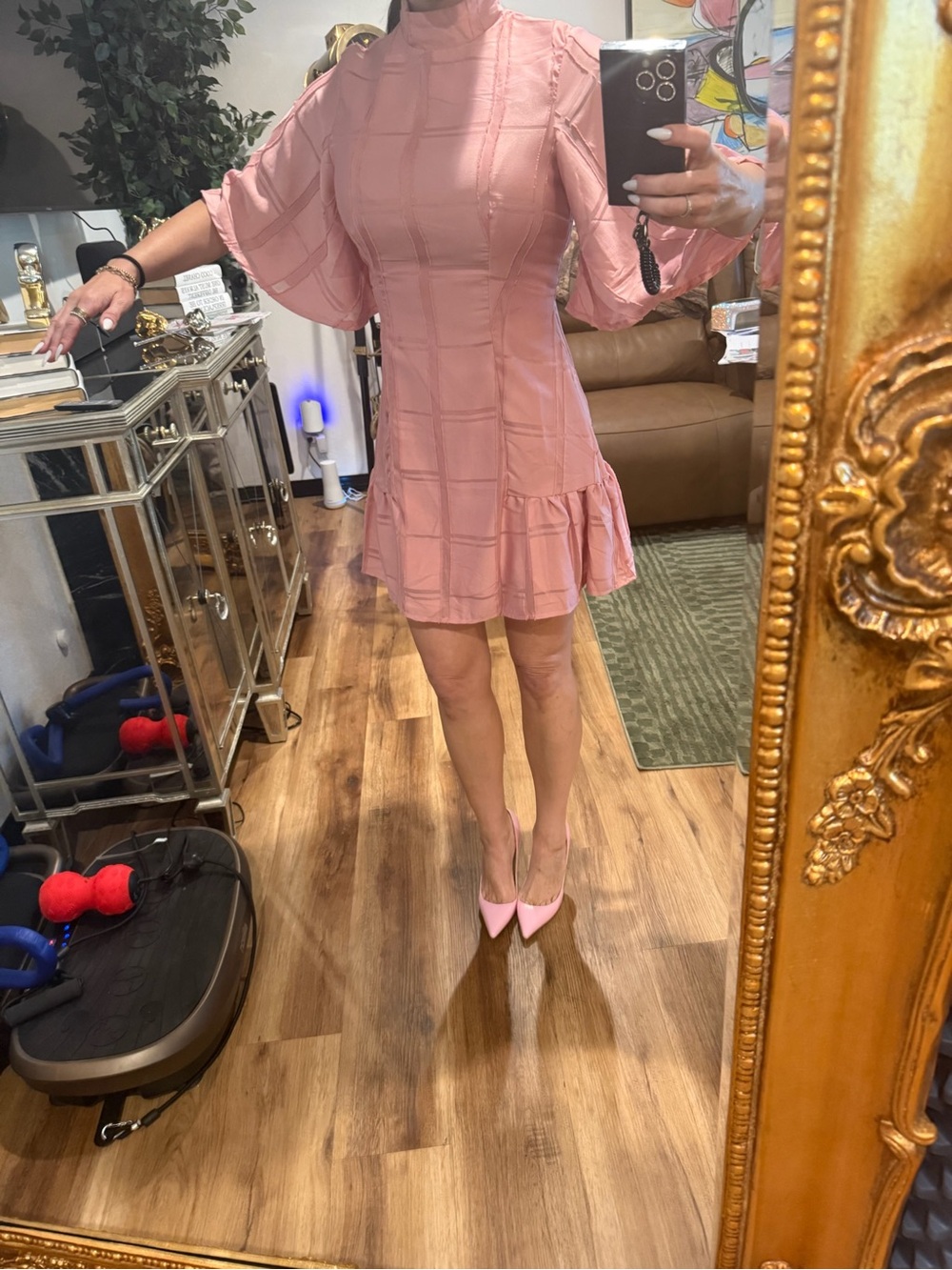 Missguided Pink Grid-Texture Flutter Sleeve Mini Dress - Like NEW